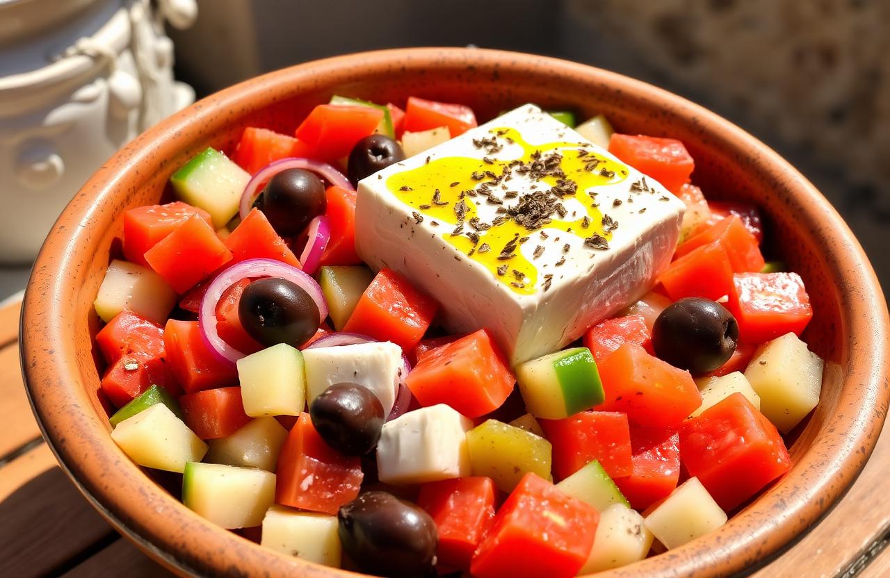 Greek Village Salad (Horiatiki) with a Block of Feta